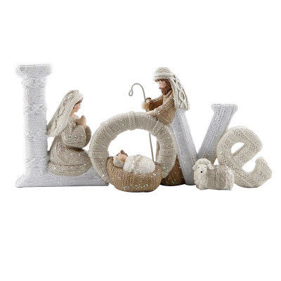 Christianartworkshop Estatua decorativa de resina con escena navideña de la Natividad, serie de letras con purpurina beige - image 6