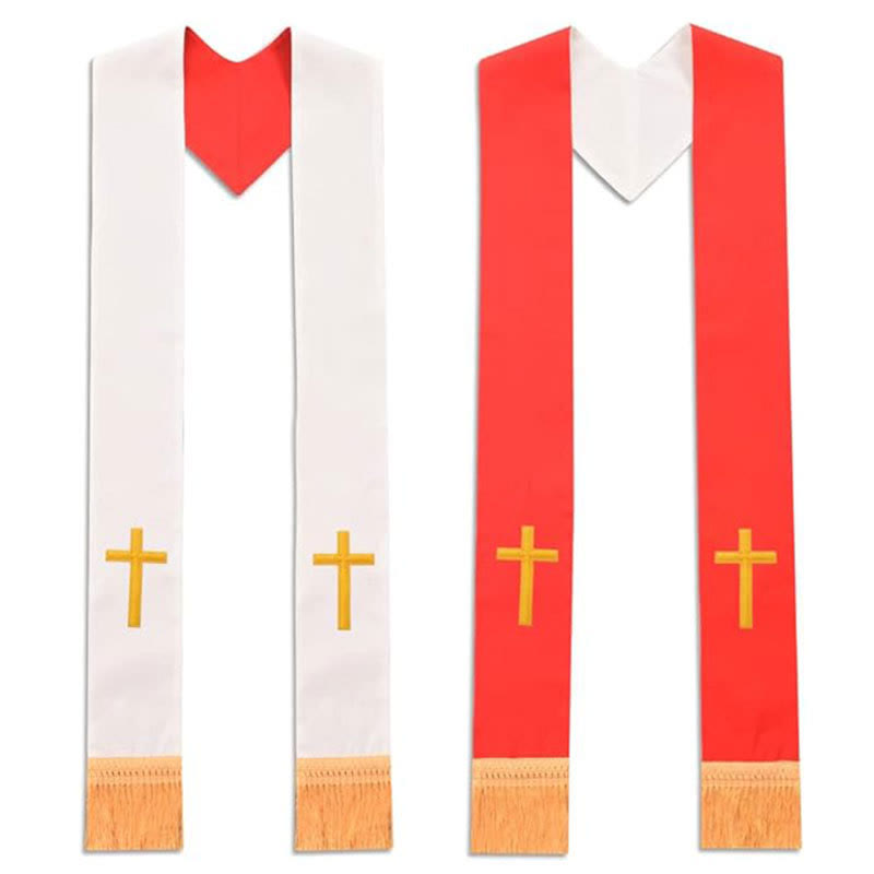 Christianartworkshop Estola litúrgica multicolor con cuello en V y flecos decorativos para el clero. - Rojo y blanco (cruz inferior) - Litúrgico estándar (270 cm en total) - image 1