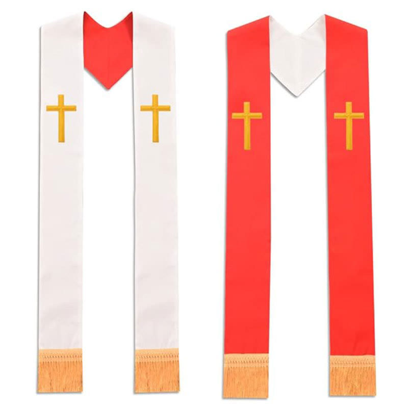 Christianartworkshop Estola litúrgica multicolor con cuello en V y flecos decorativos para el clero. - Rojo y blanco (Cruz superior) - Litúrgico estándar (270 cm en total) - image 0