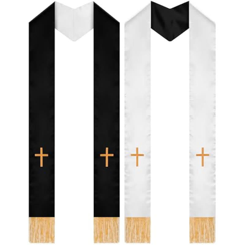 Christianartworkshop Estola clerical tradicional multicolor con cuello en V y cuello recto. - Blanco y negro (reversible) - Litúrgico estándar (270 cm en total) - image 0