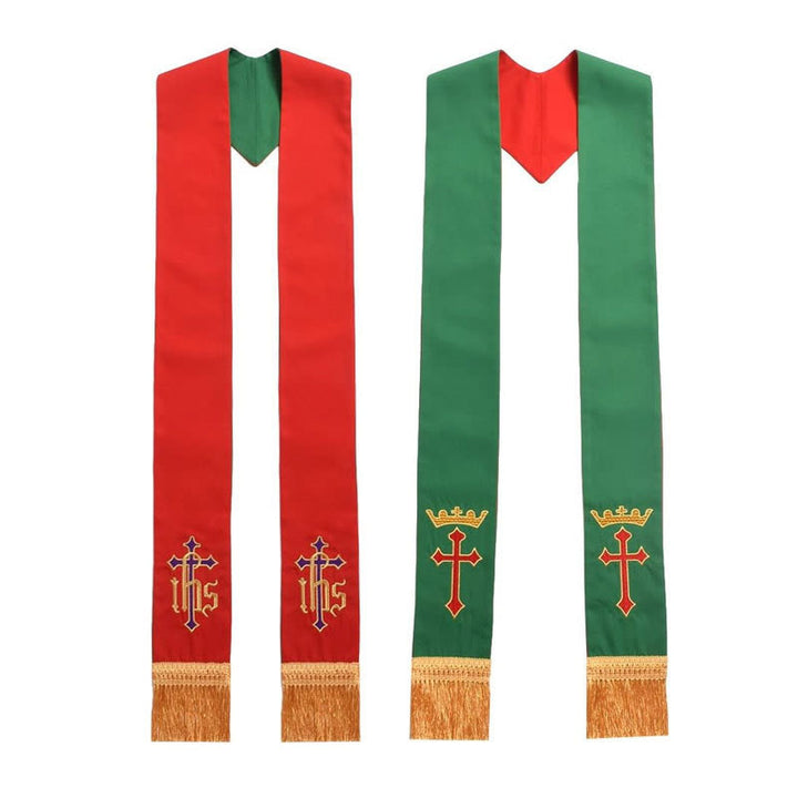 Christianartworkshop Estola reversible para clérigos en rojo y verde con cruz y monograma IHS. - Rojo y verde - Litúrgico estándar (270 cm en total) - image 0