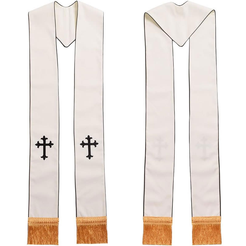 Christianartworkshop Estola ceremonial blanca para clérigos con cruces de colores y flecos dorados. - Cruz Negra - Litúrgico estándar (270 cm en total) - image 0