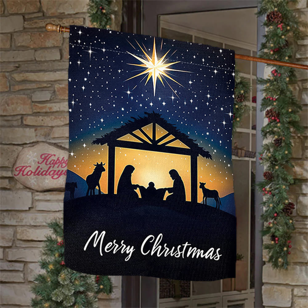 Christianartworkshop Bandera navideña de jardín con la Estrella de Belén y la Sagrada Familia: ¡Feliz Navidad! - 90×150 cm (3×5 pies) - image 0
