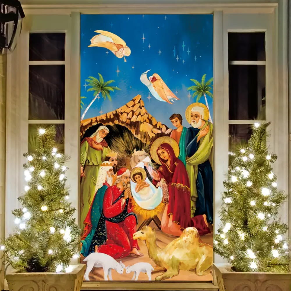 Christianartworkshop Cortina de puerta con vibrante escena de la Natividad: Ángeles, Reyes Magos y la Sagrada Familia. - 90*180 cm - image 0