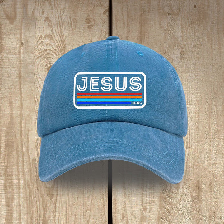 Christianartworkshop Gorro unisex de algodón lavado con efecto desgastado Urban Faith con estampado de Jesús y arcoíris. - Azul del lago - image 14