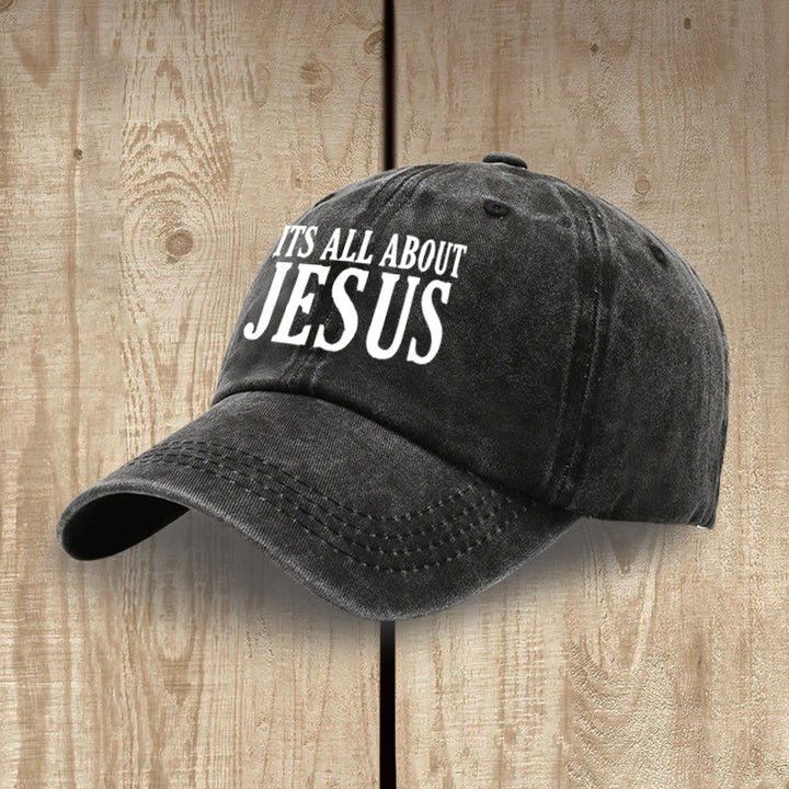 Christianartworkshop Gorro unisex de algodón lavado con efecto desgastado "It's All About Jesus" de estilo clásico. - image 3