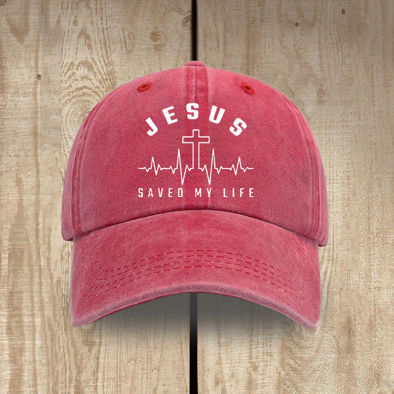 Christianartworkshop Gorra unisex de algodón lavado con efecto desgastado con estampado de "Jesús salvó mi vida y latido del corazón" - Rojo - image 0