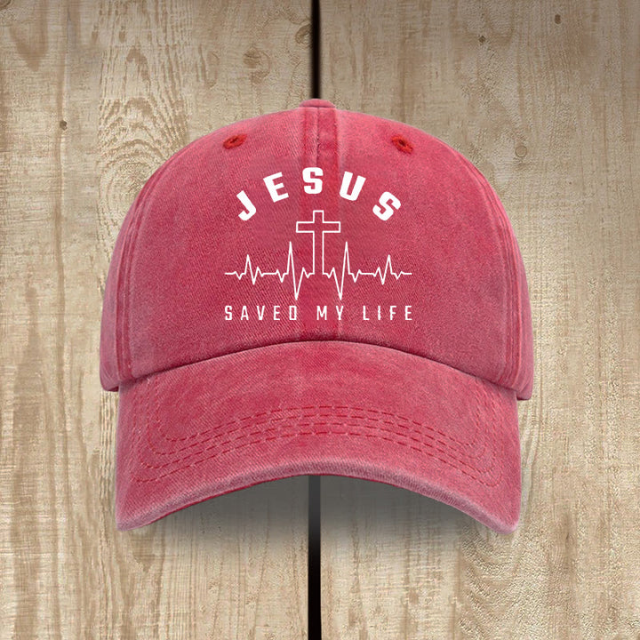Christianartworkshop Gorra unisex de algodón lavado con efecto desgastado con estampado de "Jesús salvó mi vida y latido del corazón" - Rojo - image 0