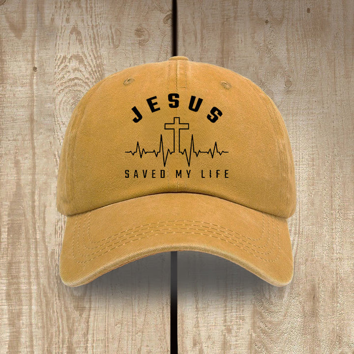 Christianartworkshop Gorra unisex de algodón lavado con efecto desgastado con estampado de "Jesús salvó mi vida y latido del corazón" - Amarillo - image 16