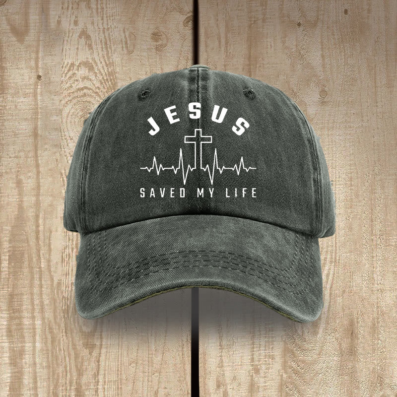 Christianartworkshop Gorra unisex de algodón lavado con efecto desgastado con estampado de "Jesús salvó mi vida y latido del corazón" - Verde grisáceo - image 7