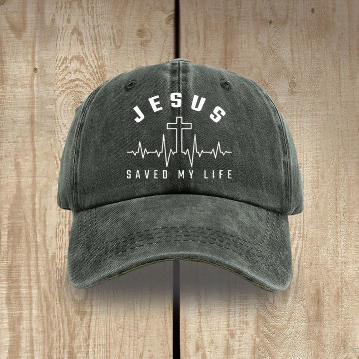 Christianartworkshop Gorra unisex de algodón lavado con efecto desgastado con estampado de "Jesús salvó mi vida y latido del corazón" - Verde grisáceo - image 7