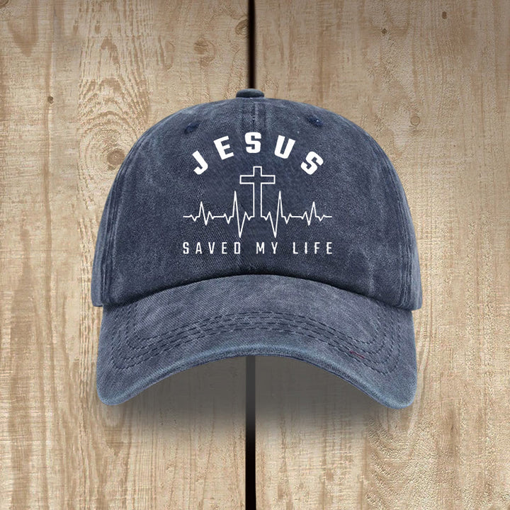 Christianartworkshop Gorra unisex de algodón lavado con efecto desgastado con estampado de "Jesús salvó mi vida y latido del corazón" - Azul marino - image 10