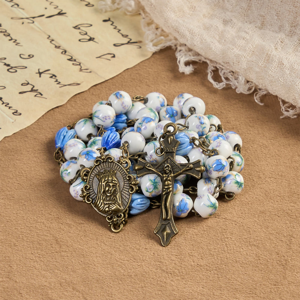 Christianartworkshop Rosario con cadena de aleación acrílica floral redonda de 8 mm del Inmaculado Corazón de María y Crucifijo. - image 1