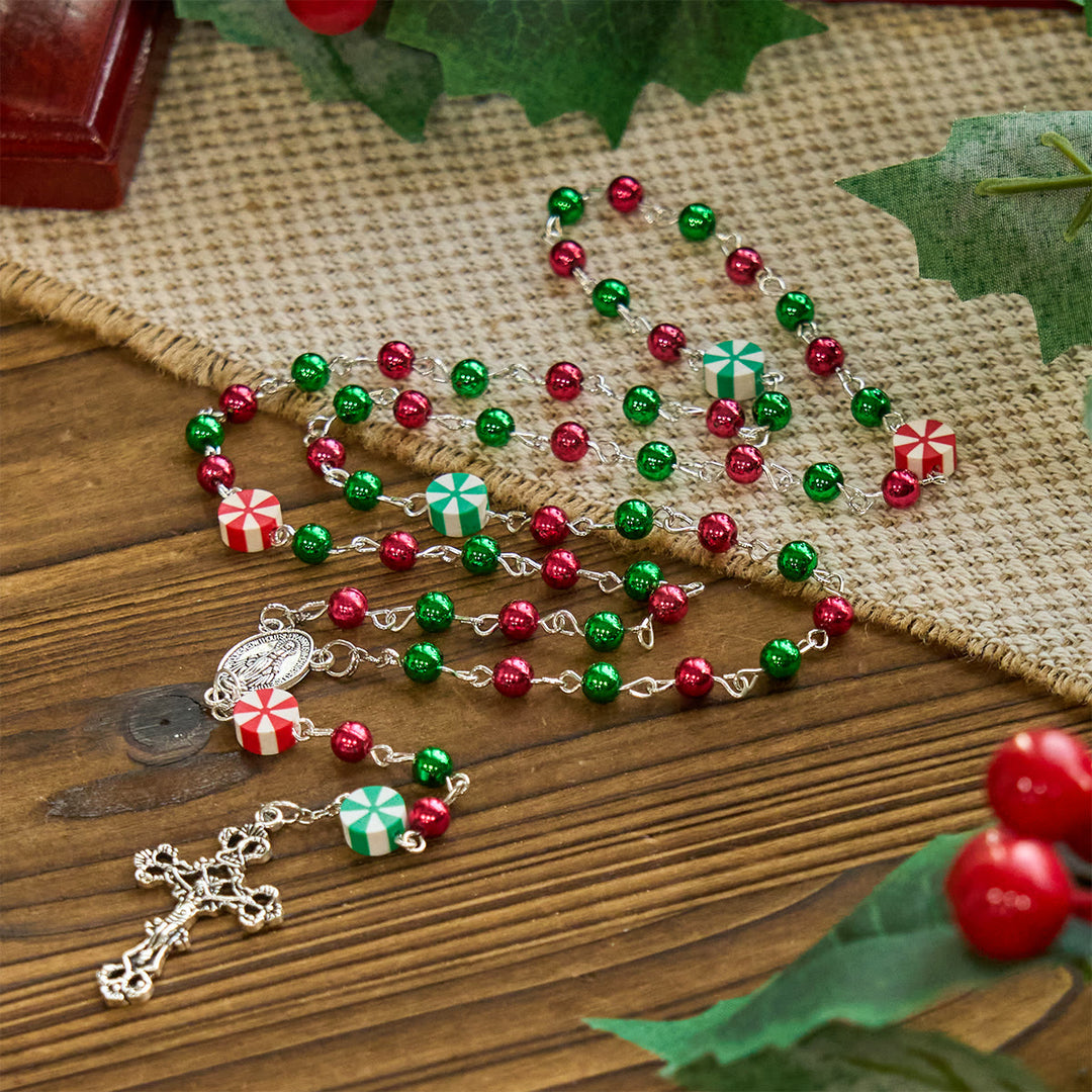Christianartworkshop Regalo de Navidad: Rosario navideño festivo: Cuentas rojas y verdes, figuras de caramelos y crucifijo. - image 10