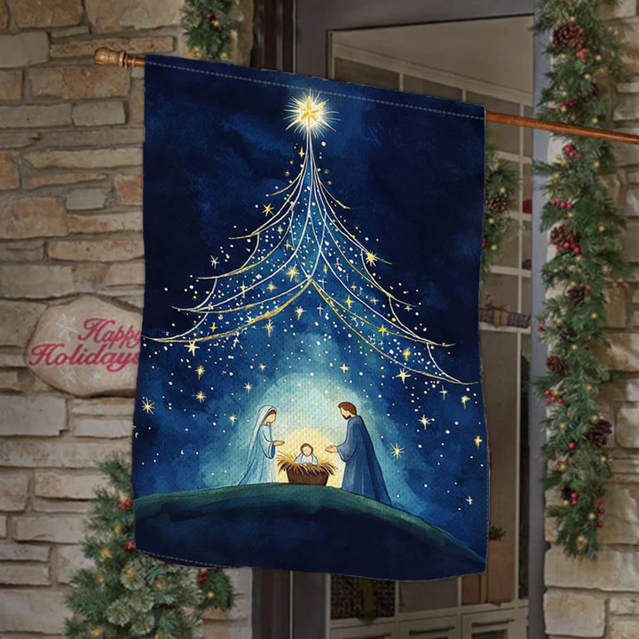 Christianartworkshop Bandera de jardín de la Natividad de la Noche Santa: Árbol estrellado y decoración de la estrella de Belén - 90×150 cm (3×5 pies) - image 0