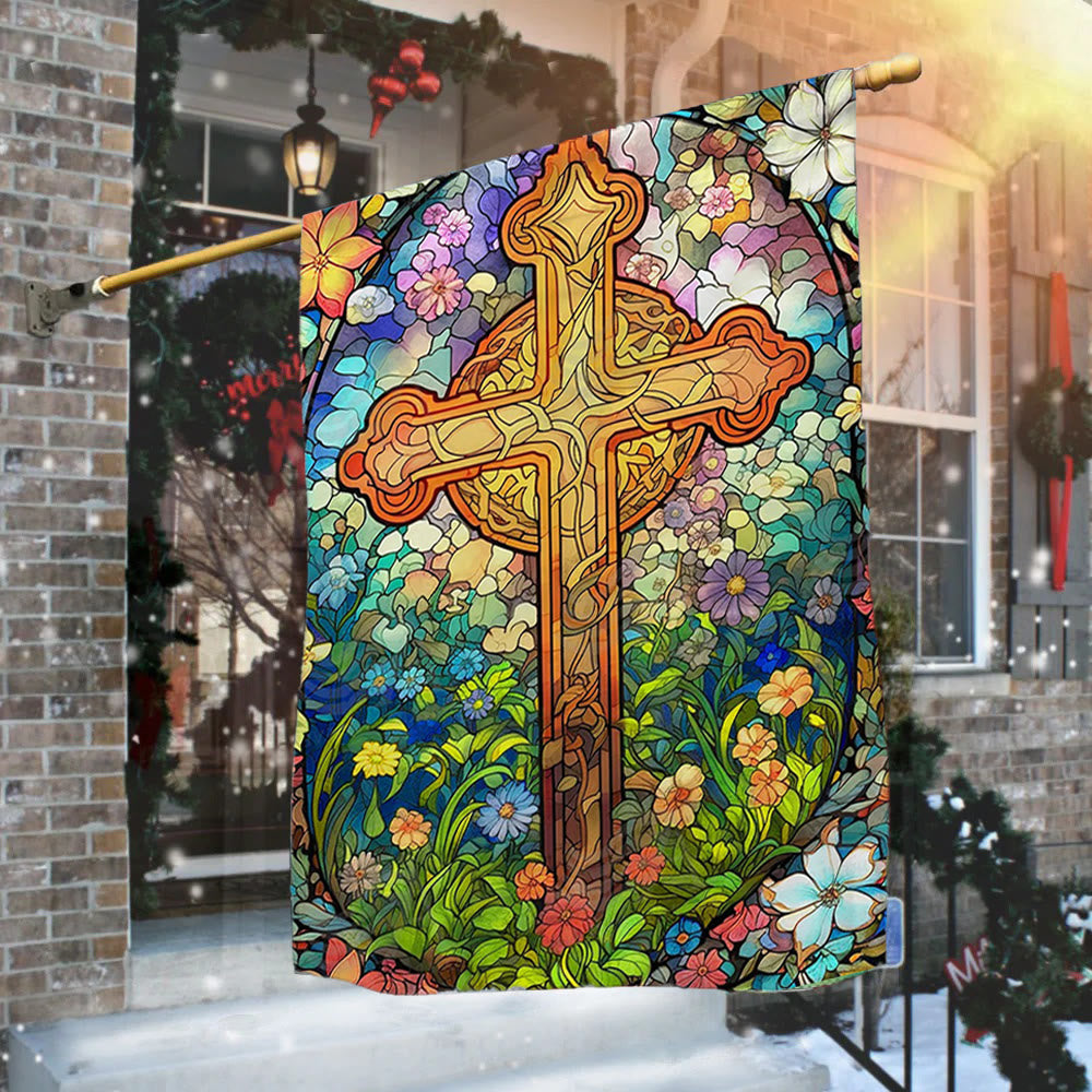 Christianartworkshop Bandera de jardín con cruz teñida y diseño floral: decoración religiosa para el jardín. - image 1