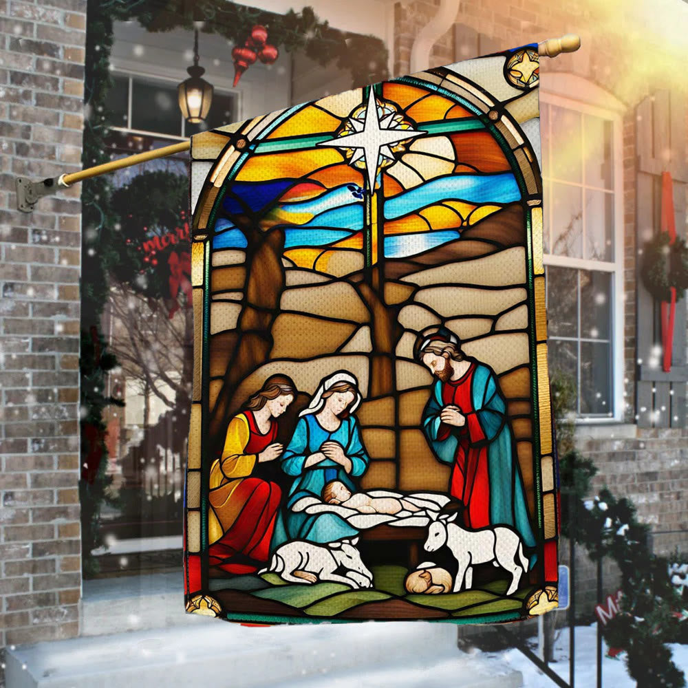 Christianartworkshop Bandera de jardín de la Natividad de la Sagrada Familia: Teñida - Decoración navideña de estilo - 90×150 cm (3×5 pies) - image 0