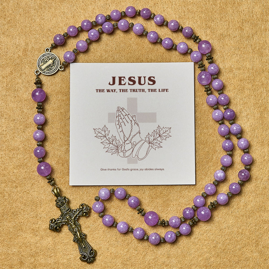 Christianartworkshop Regalo de Acción de Gracias: Rosario de calcedonia granate púrpura con crucifijo y San Benito: Vínculo espiritual de gracia - Rosario con tarjeta de regalo - image 0