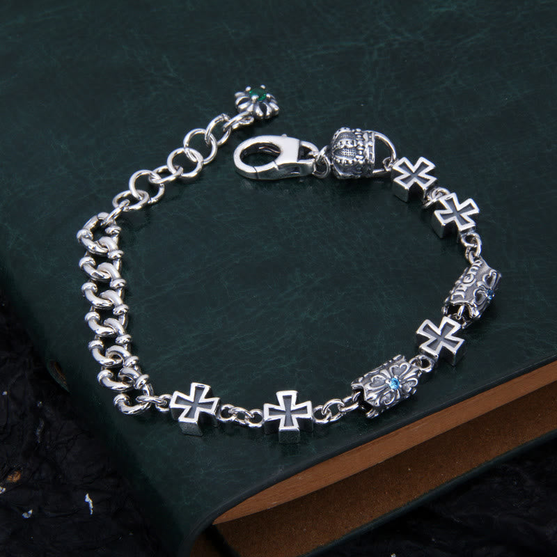 Christianartworkshop Pulsera clásica de plata de ley 925 con cruz y cuentas florales góticas. - Circunferencia de la muñeca: 6,69''-7,87''/17cm-20cm - image 0