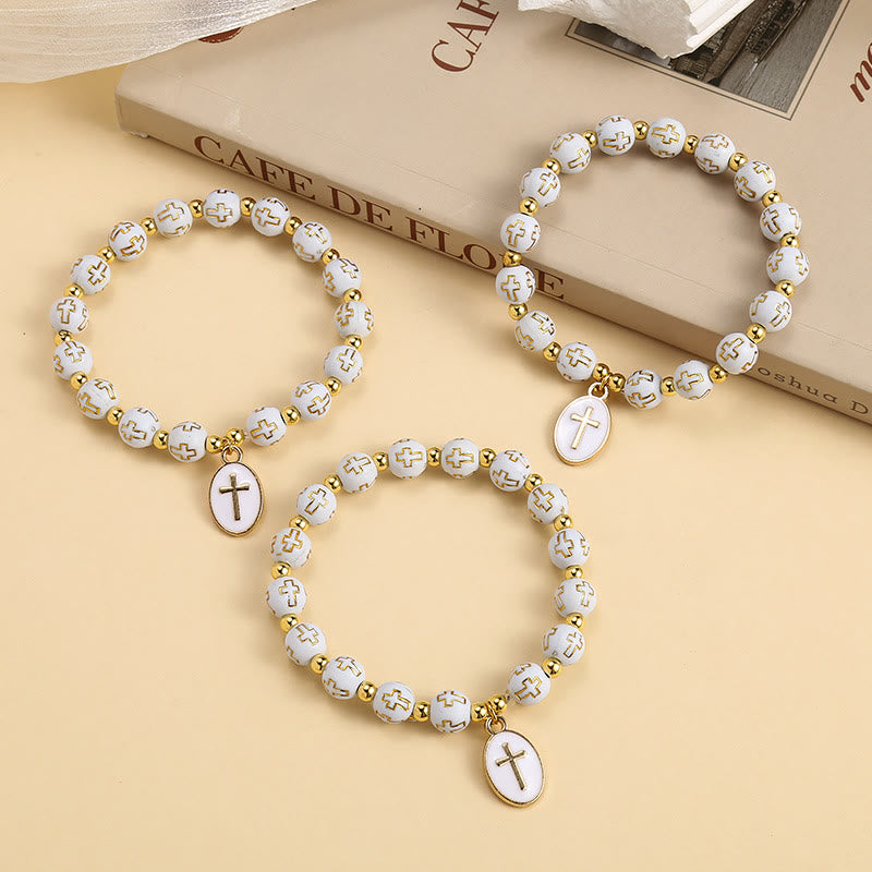 Christianartworkshop Elegante pulsera de cuentas en cruz blancas y doradas: pura gracia para cada día. - Circunferencia de la muñeca: 6,3''-7,5''/16-19 cm - image 0