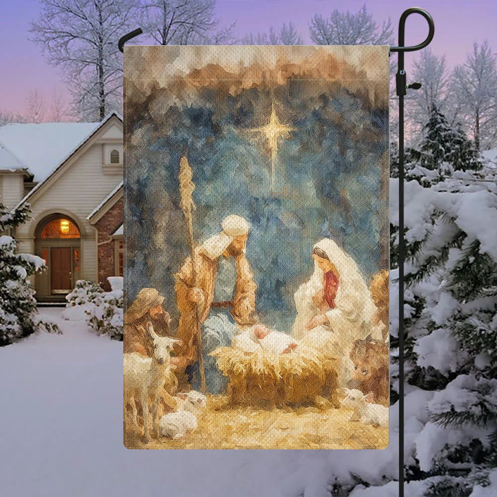 Christianartworkshop Bandera de jardín de la Natividad en tonos suaves: Sagrada Familia, animales y estrella. - 90×150 cm (3×5 pies) - image 0