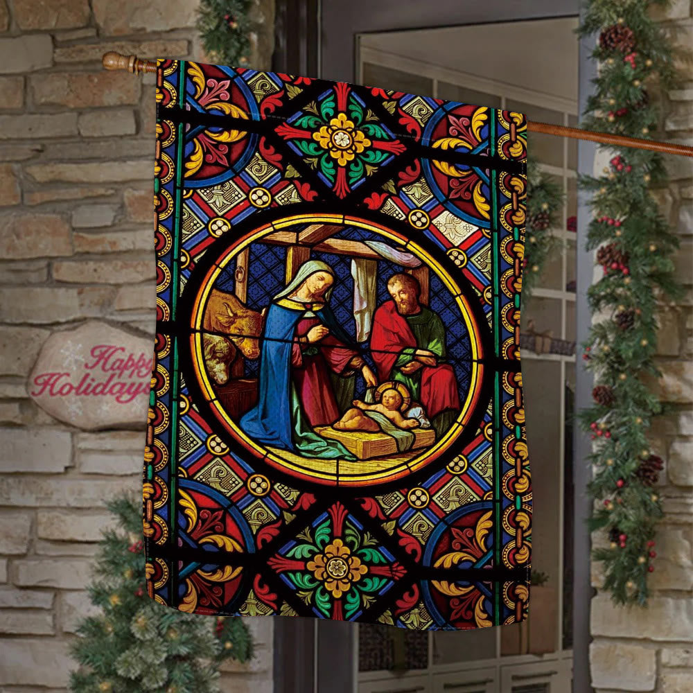 Christianartworkshop Bandera de jardín con motivos de la Natividad, decorada con la Sagrada Familia y los colores divinos. - 90×150 cm (3×5 pies) - image 0