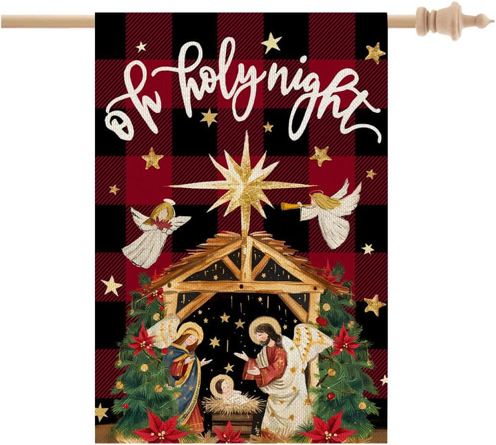 Christianartworkshop Bandera tradicional de jardín de la Natividad con estampado de cuadros escoceses y ángeles, titulada "Noche Santa". - image 6