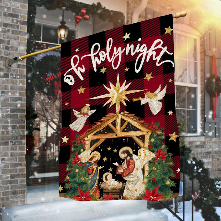 Christianartworkshop Bandera tradicional de jardín de la Natividad con estampado de cuadros escoceses y ángeles, titulada "Noche Santa". - image 3
