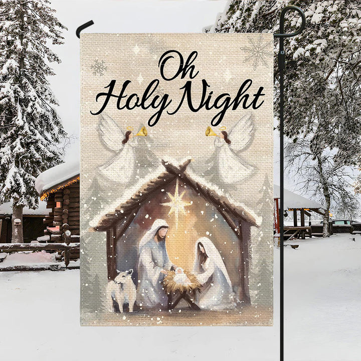 Christianartworkshop Bandera de jardín navideña "Oh Santa Noche de Navidad" con nieve - Escena navideña llena de fe - 90×150 cm (3×5 pies) - image 0