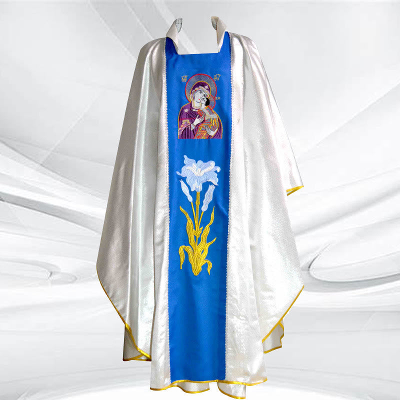 Christianartworkshop Casulla de alta gama en plata, blanco/azul y oro/rojo con motivos temáticos. - Blanco y azul - Talla única que se adapta a la mayoría - image 0