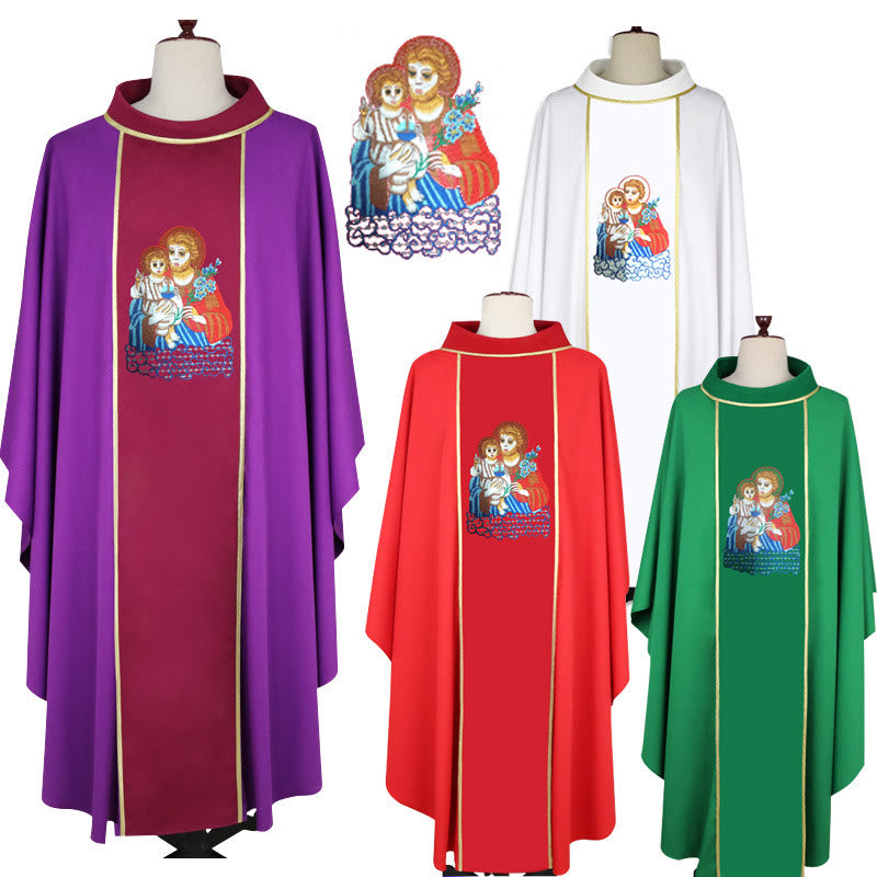 Christianartworkshop Casulla multicolor con motivos de María y Jesús y ribete dorado. - Rojo - Talla única que se adapta a la mayoría - image 0