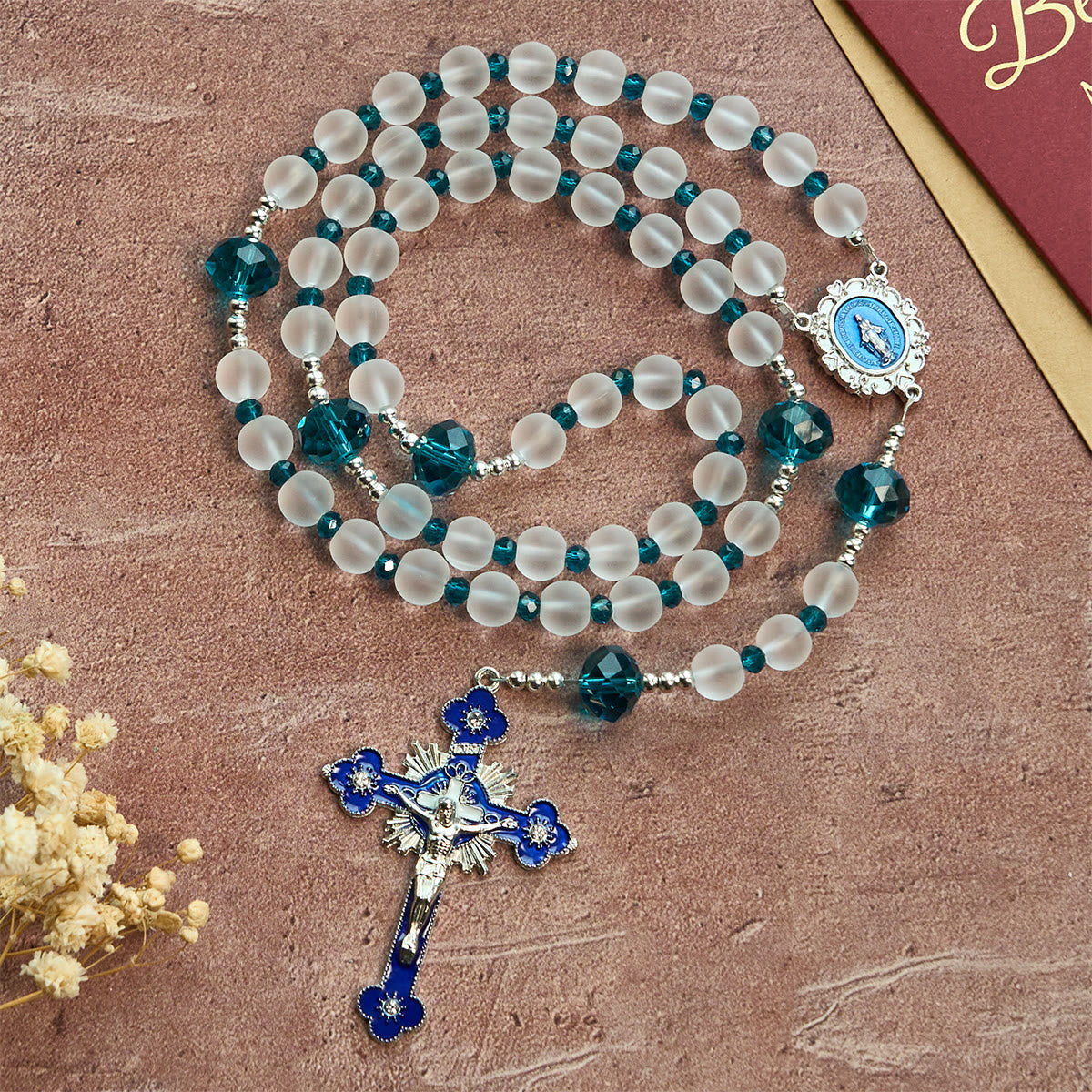 Christianartworkshop Rosario de cristal blanco esmerilado estilo azul océano con crucifijo y la Virgen María - image 5
