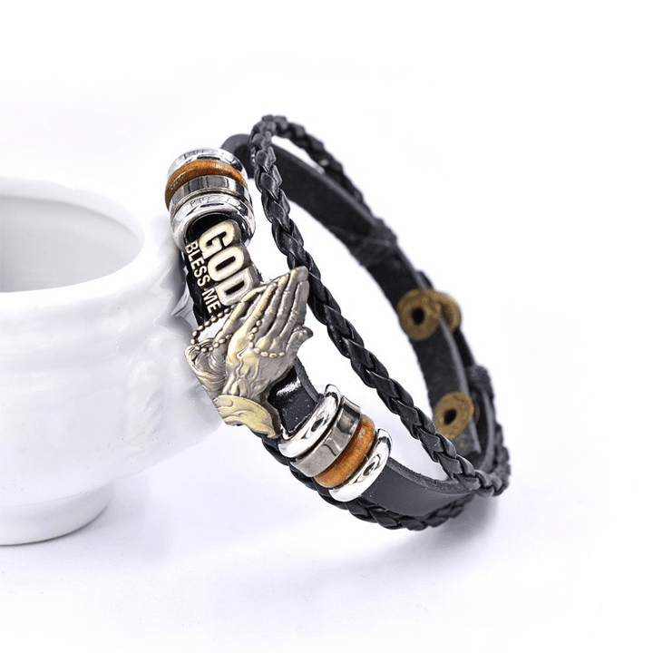 Christianartworkshop Pulsera estilo retro con manos rezando y la inscripción "DIOS ME BENDIGA", diseño trenzado negro. - image 7