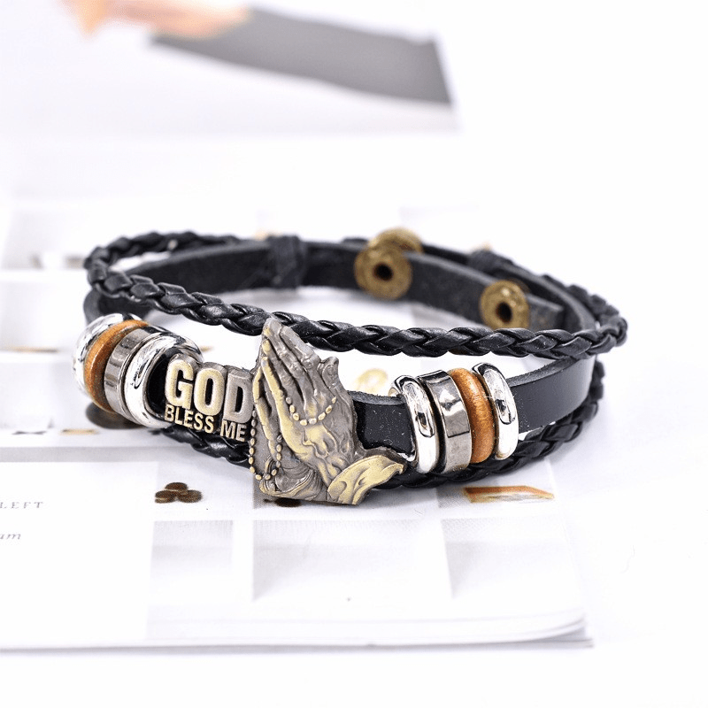 Christianartworkshop Pulsera estilo retro con manos rezando y la inscripción "DIOS ME BENDIGA", diseño trenzado negro. - image 6
