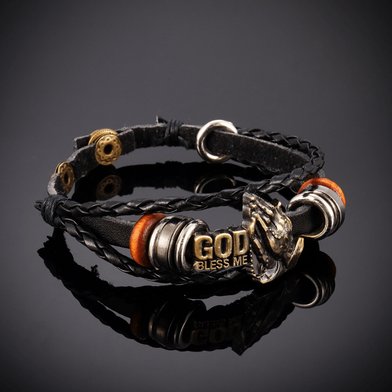 Christianartworkshop Pulsera estilo retro con manos rezando y la inscripción "DIOS ME BENDIGA", diseño trenzado negro. - image 2