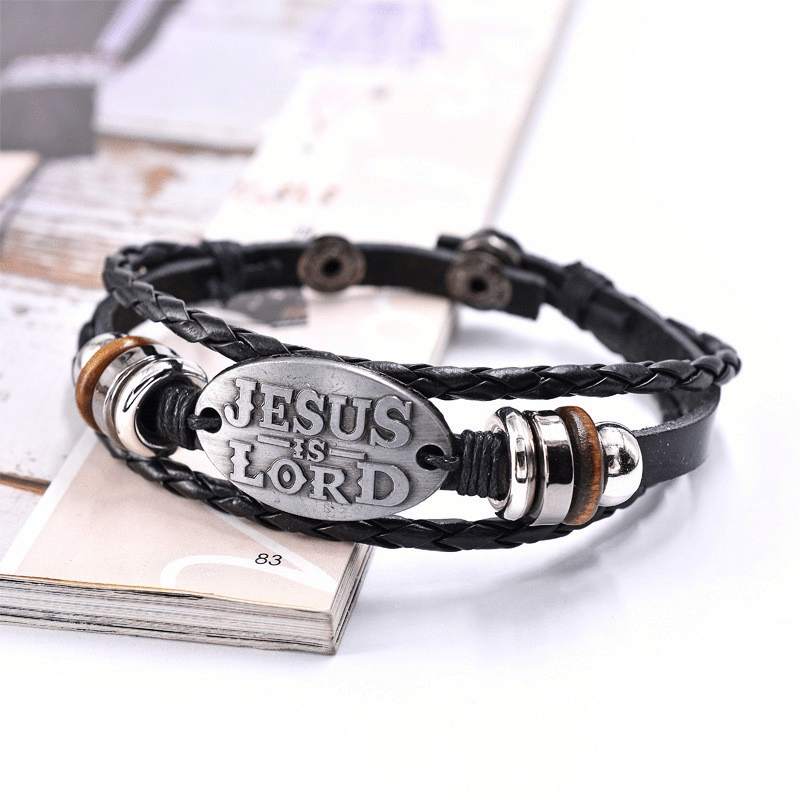Christianartworkshop Pulsera de cuero trenzado negro con la inscripción JESÚS ES EL SEÑOR - image 6