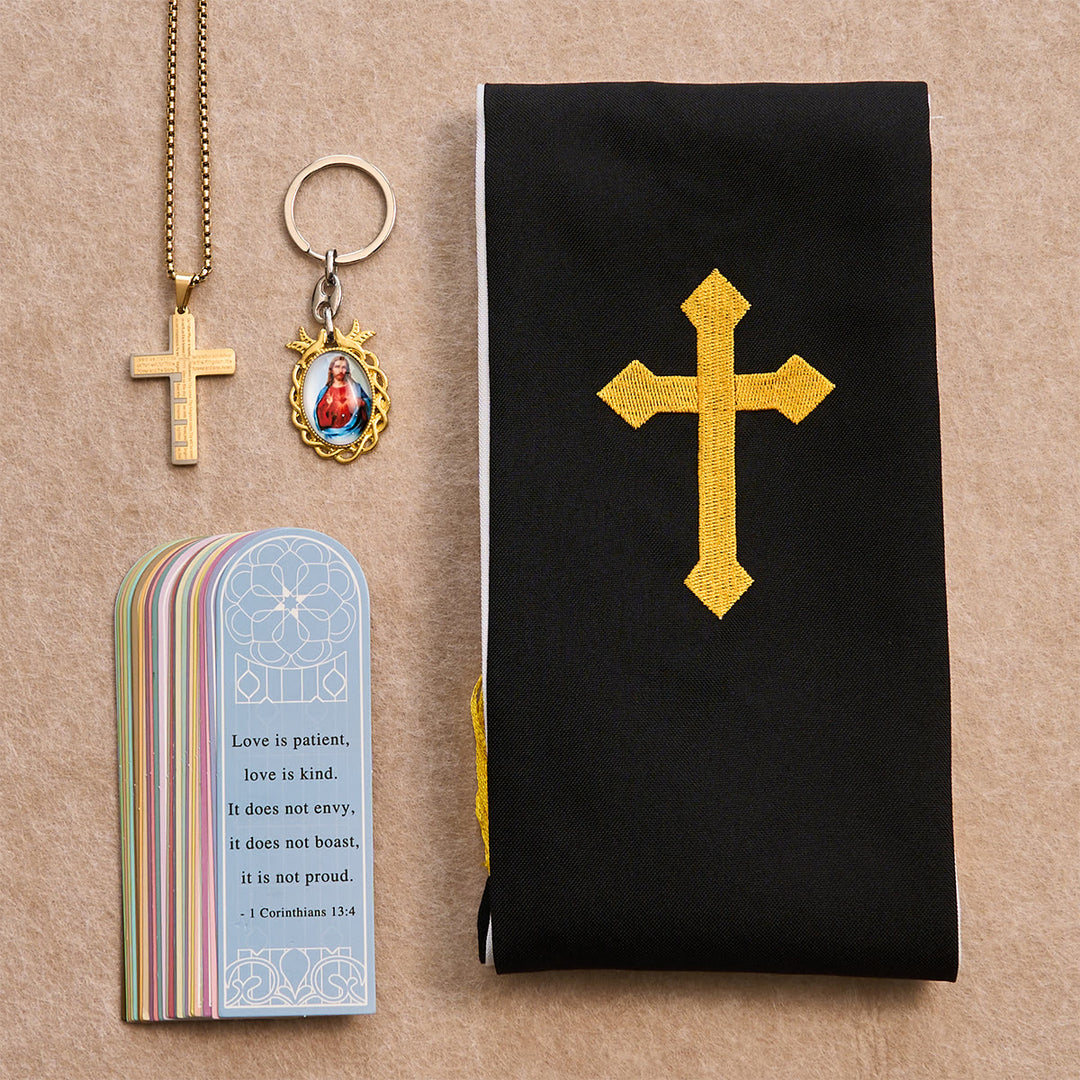 Christianartworkshop Conjunto de bendición Cruz Negra Dorada con Virgen María y Cruz con Escritura: Vive en la fe - Collar de oro - image 3