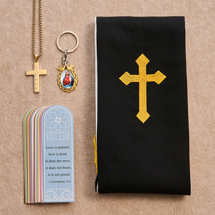Christianartworkshop Conjunto de bendición Cruz Negra Dorada con Virgen María y Cruz con Escritura: Vive en la fe - Collar de oro - image 3