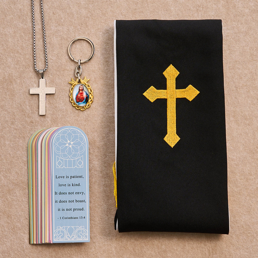 Christianartworkshop Conjunto de bendición Cruz Negra Dorada con Virgen María y Cruz con Escritura: Vive en la fe - Collar de plata - image 4