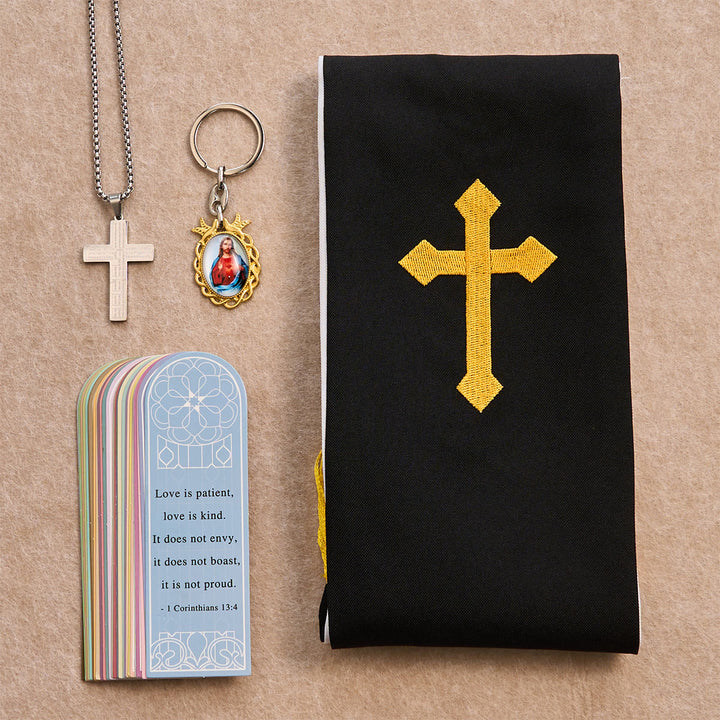 Christianartworkshop Conjunto de bendición Cruz Negra Dorada con Virgen María y Cruz con Escritura: Vive en la fe - Collar de plata - image 4