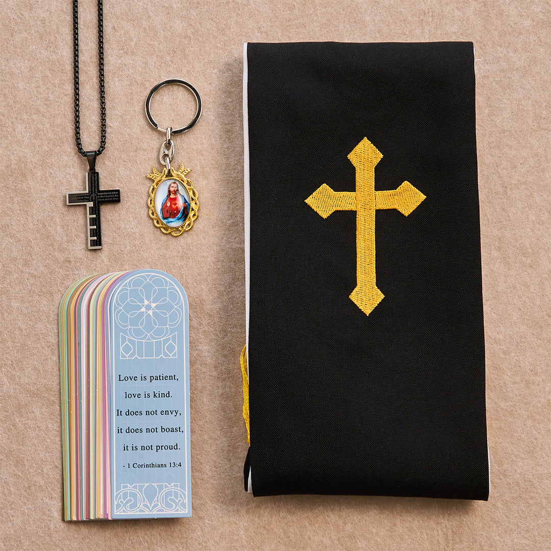 Christianartworkshop Conjunto de bendición Cruz Negra Dorada con Virgen María y Cruz con Escritura: Vive en la fe - Collar negro - image 0