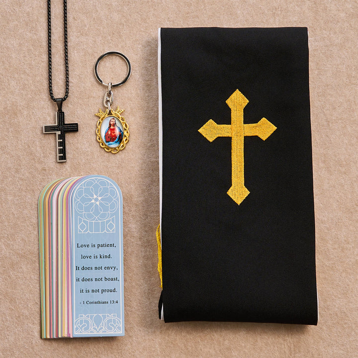 Christianartworkshop Conjunto de bendición Cruz Negra Dorada con Virgen María y Cruz con Escritura: Vive en la fe - Collar negro - image 0