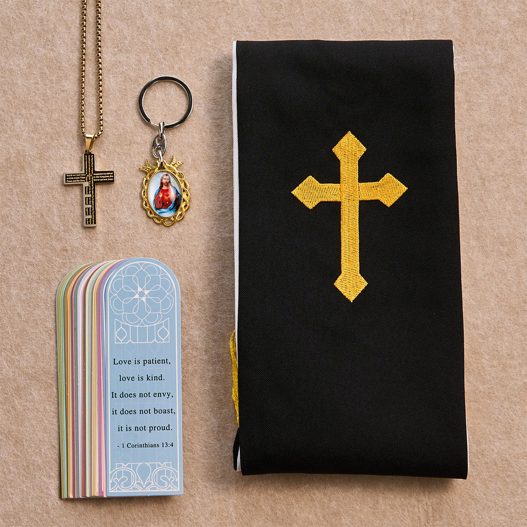 Christianartworkshop Conjunto de bendición Cruz Negra Dorada con Virgen María y Cruz con Escritura: Vive en la fe - image 2