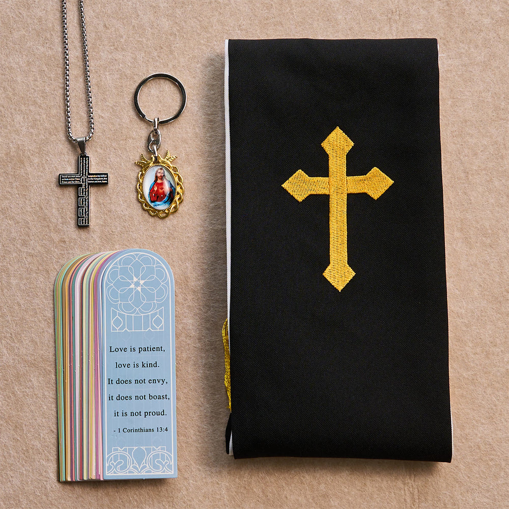 Christianartworkshop Conjunto de bendición Cruz Negra Dorada con Virgen María y Cruz con Escritura: Vive en la fe - image 1