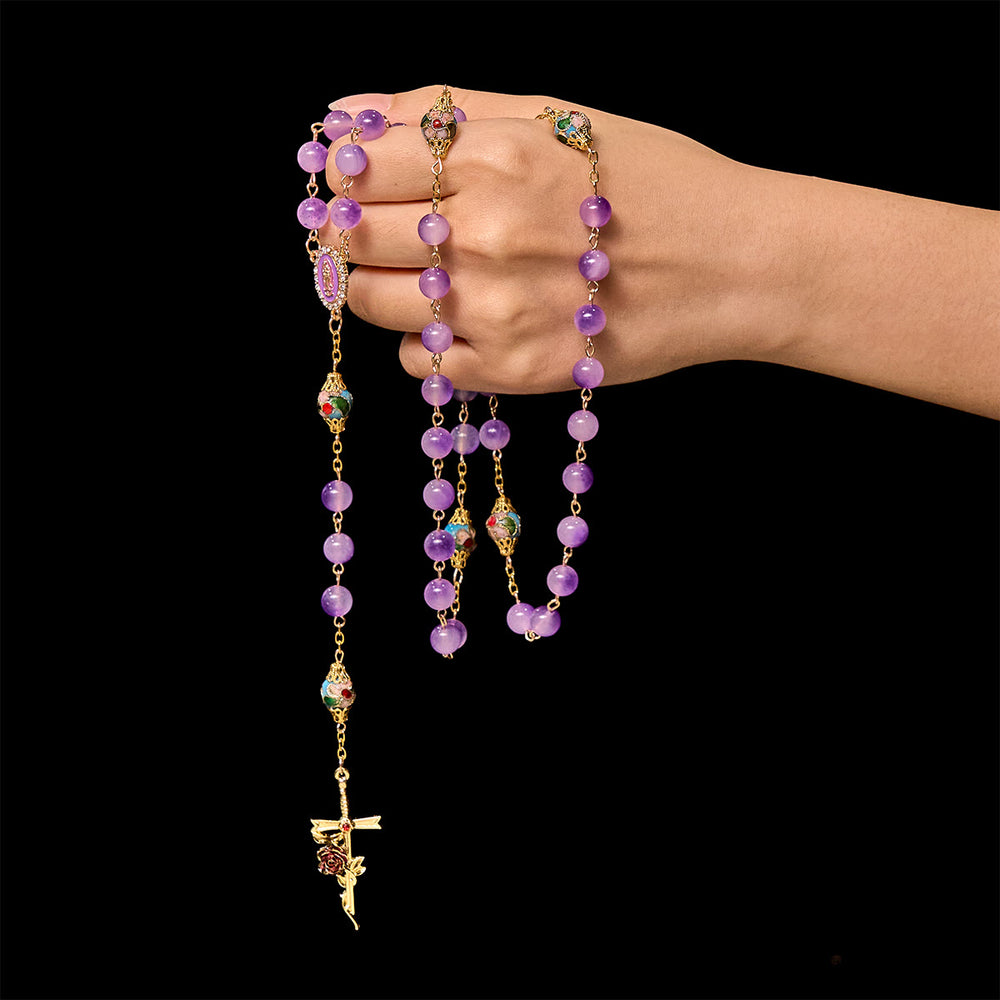 Christianartworkshop Regalo de Acción de Gracias: Rosario de estilo vintage en cristal morado y cloisonné con cruz floral y centro mariano. - image 1