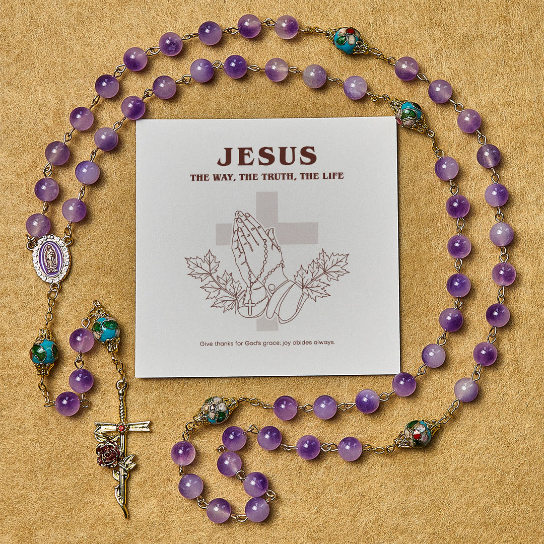 Christianartworkshop Regalo de Acción de Gracias: Rosario de estilo vintage en cristal morado y cloisonné con cruz floral y centro mariano. - Rosario con tarjeta de regalo - image 0