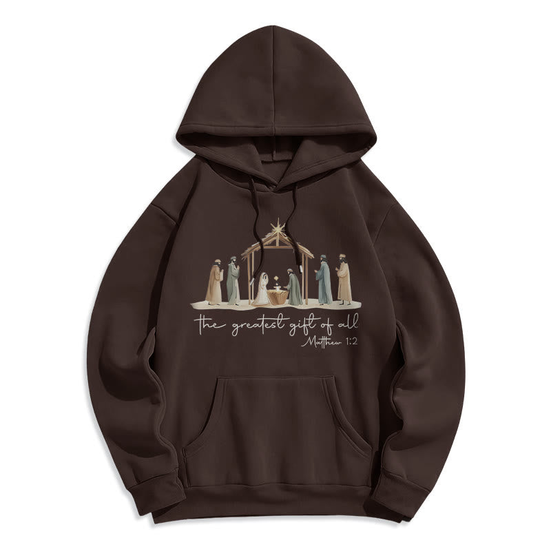 Christianartworkshop Sudadera con capucha de poliéster forrada de felpa con estampado de la Natividad y el Gran Regalo. - Marrón - 2XL - image 4