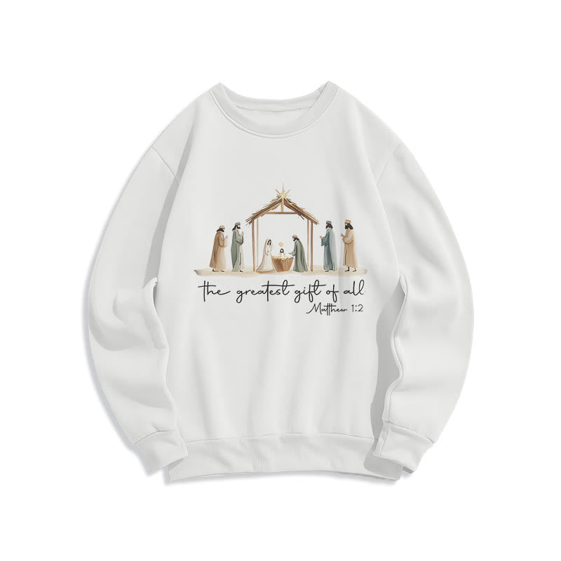 Christianartworkshop Sudadera de poliéster con forro polar y escena acogedora de la Natividad con el versículo bíblico "El mejor regalo". - Blanco - 2XL - image 1
