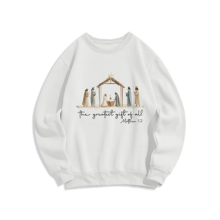 Christianartworkshop Sudadera de poliéster con forro polar y escena acogedora de la Natividad con el versículo bíblico "El mejor regalo". - Blanco - 2XL - image 1