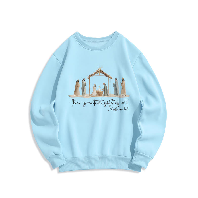 Christianartworkshop Sudadera de poliéster con forro polar y escena acogedora de la Natividad con el versículo bíblico "El mejor regalo". - Azul - 2XL - image 0